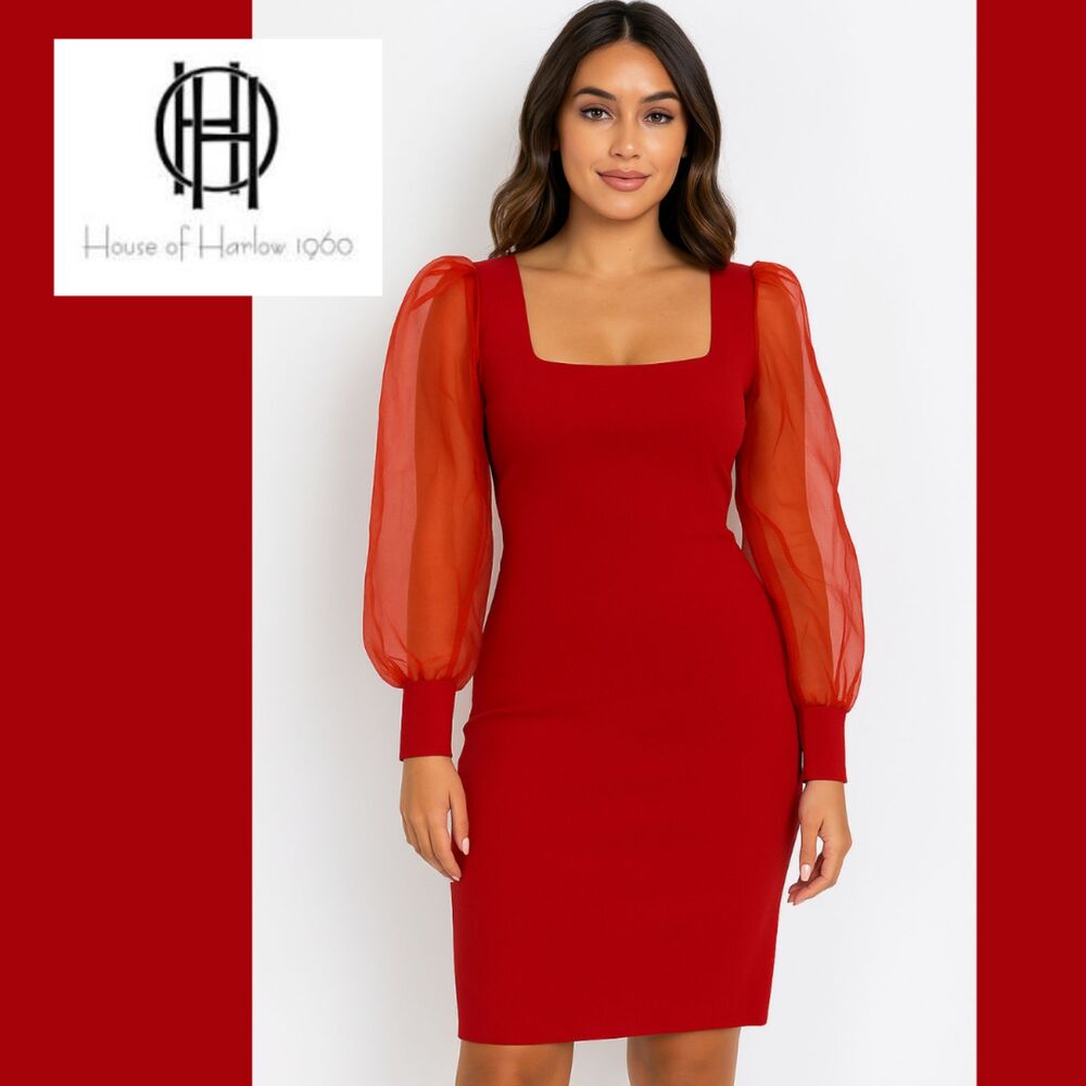 NWT House of Harlow 1960 Tango Red Dress with Sheer Long Sleeves